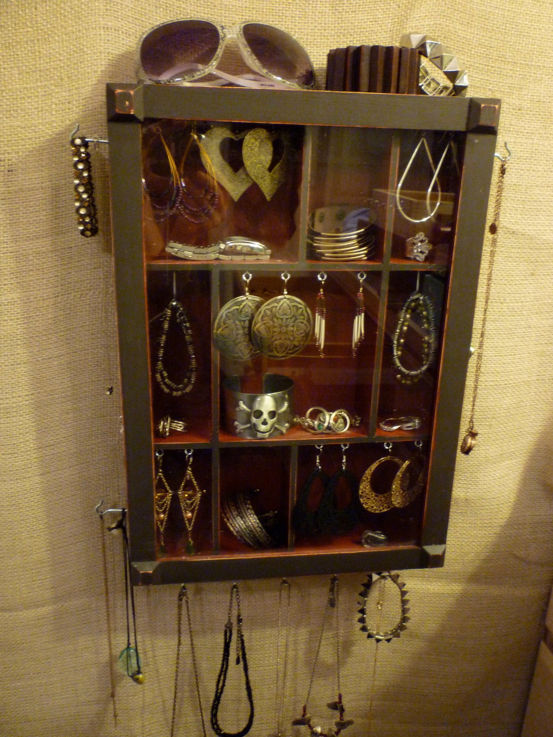 Upcycled Jewelry Organizing Display (Charcoal Grey and Red Cabinet)
