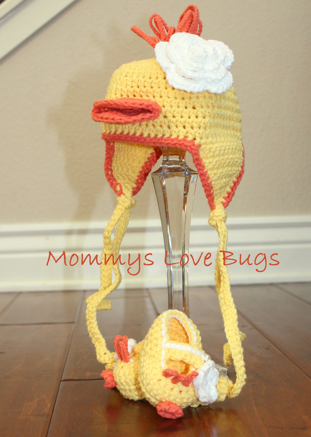 Easter Duckling Ear-flap Beanie and Booties Set - Newborn through 12 Month Sizes