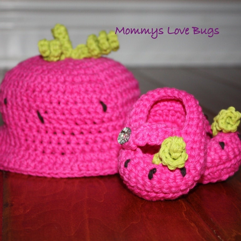 Watermelon Beanie and Booties Set - Newborn through 24 Month Sizes