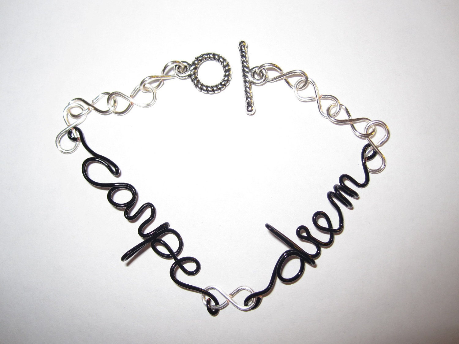 Carpe Diem Bracelet Black Copper Wire Silver Plated Infinity Delicate