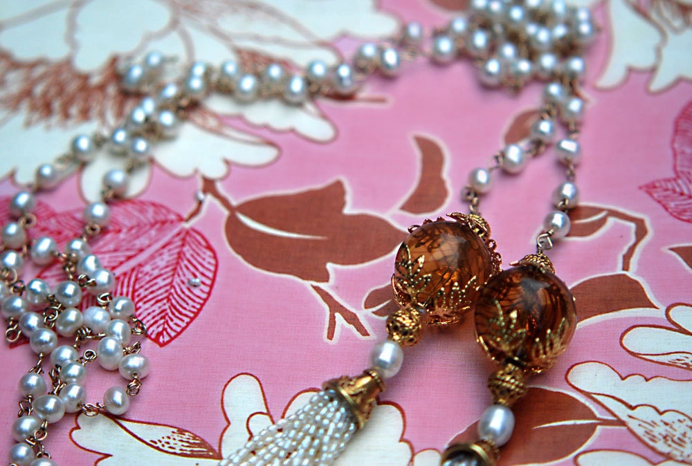 White Pearl Lariat Tassell Necklace, Gold Filled Chain, Venetian Glass, Vermeil Beads
