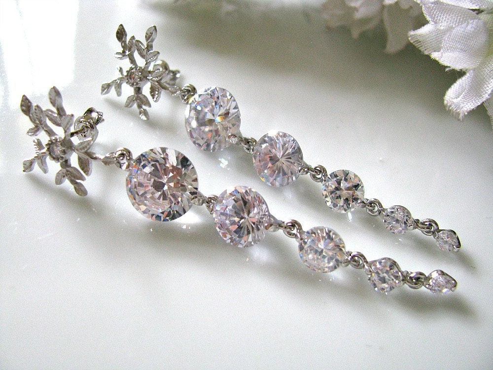 Snow Princess Earrings - Matte Silver Plated Snowflake Ear Posts With Multi Drops Long Flowing Cubic Zirconia, Bridal Wedding Jewelry