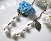 Aquamarine Rose And Disco Faceted White Jade Necklace - Vintage Inspired Statement Necklace, Bridesmaid Necklace