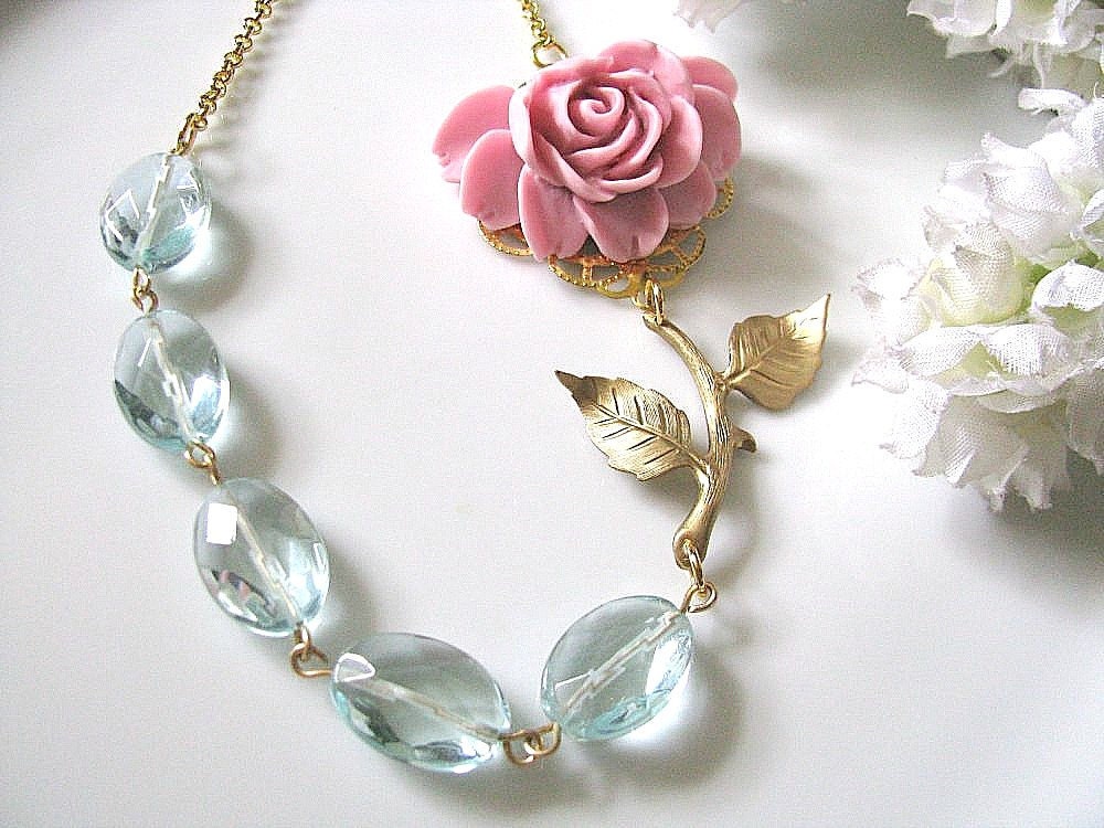 Pink Rose With Aqua Quartz Glass And Brass Branch With Leaves Necklace, Bridesmaid Necklace