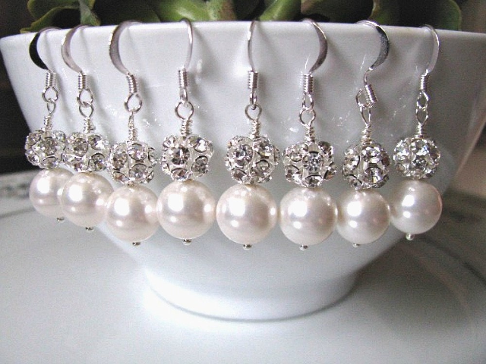 Set of Four (4) White Swarovski Pearl And Rhinestone Bridesmaid Earrings - Bridal Jewelry Set, Wedding Earrings, Crystal Rhinestone Balls