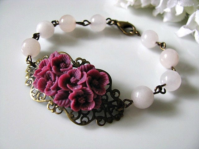 Amethyst Bouquet Of Flowers With Rose Quartz Rounds Bracelet - Bridal Bracelet, Bridesmaid Bracelet, Gift For Her