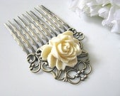 Cream White Rose Flower Antique Brass Filigree Hair Comb - Bride, Bridesmaid Hair Accessory