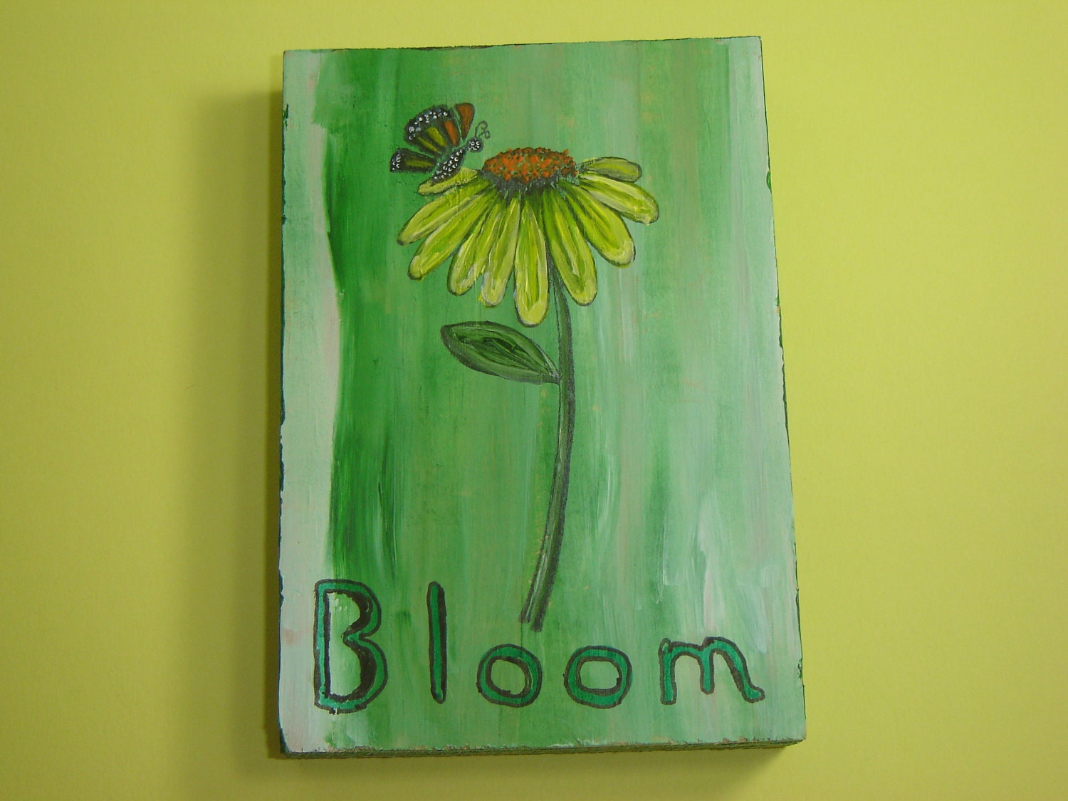 Painting "Bloom". Coneflower on wood with Butterfly