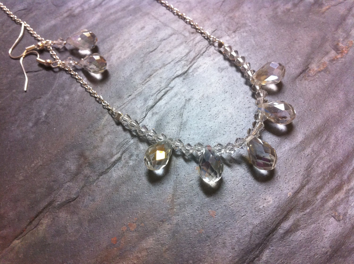 Simple Swarovski Crystal Bridal Jewelry Set Briolettes AB Crystal Silver, I Thee Wed