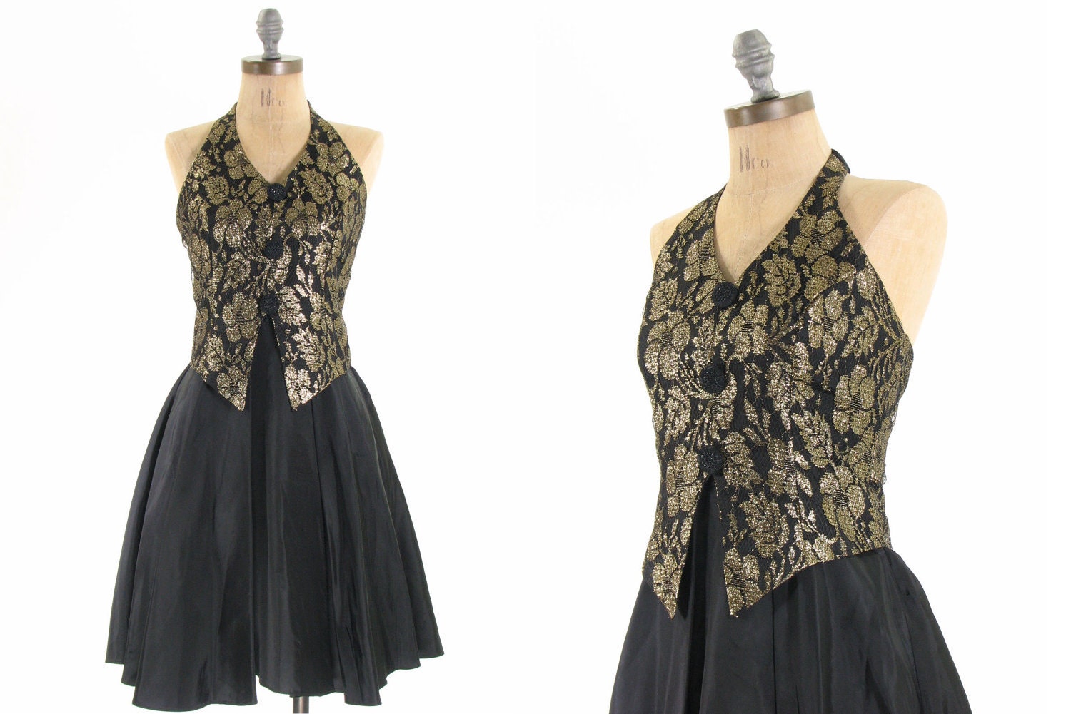 80s Black Gold Lace Prom Dress Floral Halter Full Skirt Giltter Tux Holiday XS