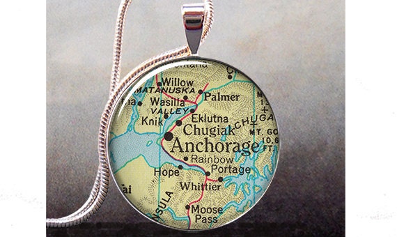 Anchorage vintage map pendant, Alaska map necklace resin pendant, photo pendant