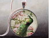 Peacock & Roses art pendant, peacock necklace charm, wedding jewelry, bridesmaid jewelry