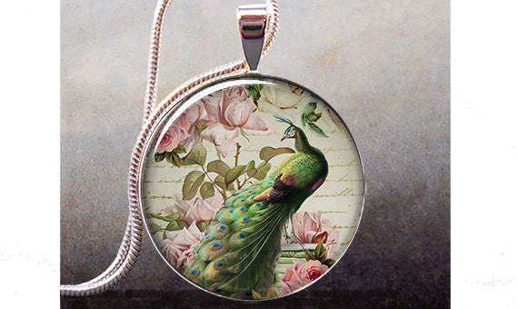 Peacock & Roses art pendant, peacock necklace charm, wedding jewelry, bridesmaid jewelry