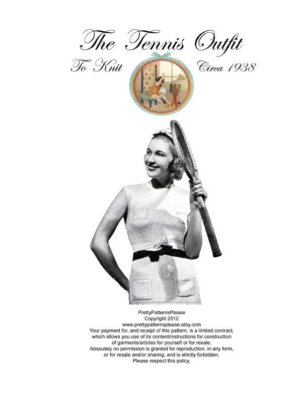 Vintage Tennis Outfit Dress, Bandeau, Belt and Socks Circa 1938 PDF Knitting Pattern from PrettyPatternsPlease
