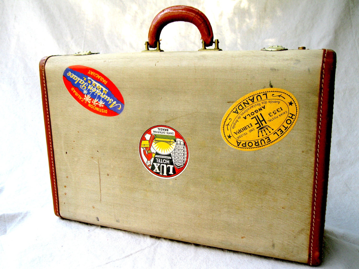 Vintage Luggage 1930s Leather and Herringbone Travel Stickers from Tessiemay