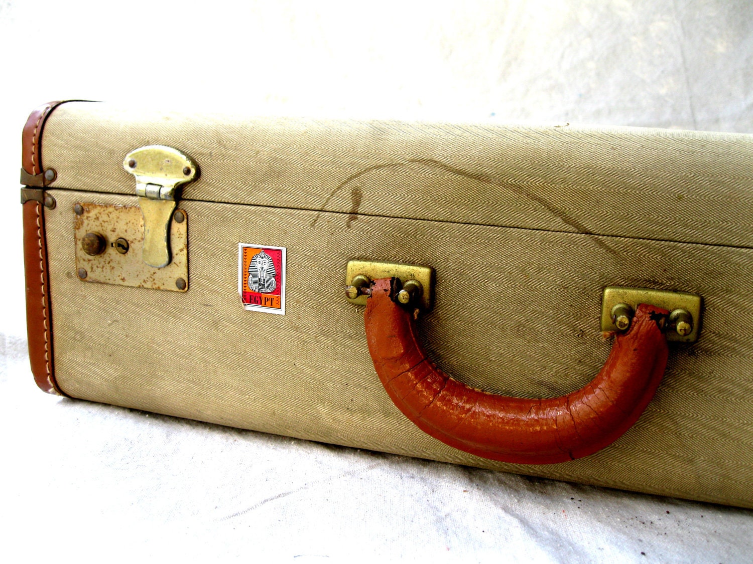 Vintage Luggage 1930s Leather and Herringbone Travel Stickers from Tessiemay