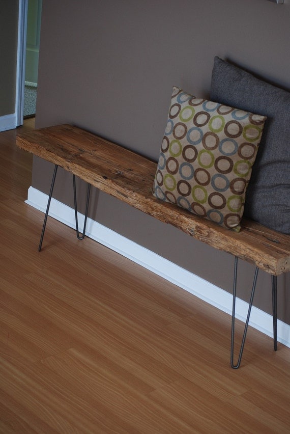 4 ft Industrial bench with mid century steel hairpin legs (free shipping) 4 ft lx 11.5" x 18" tall