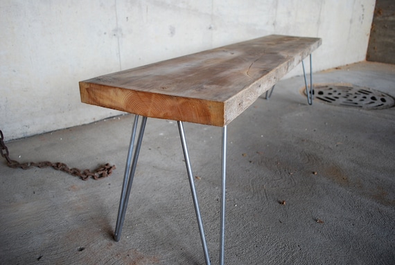 4 ft Industrial bench with mid century steel hairpin legs (free shipping) 4 ft lx 11.5" x 18" tall