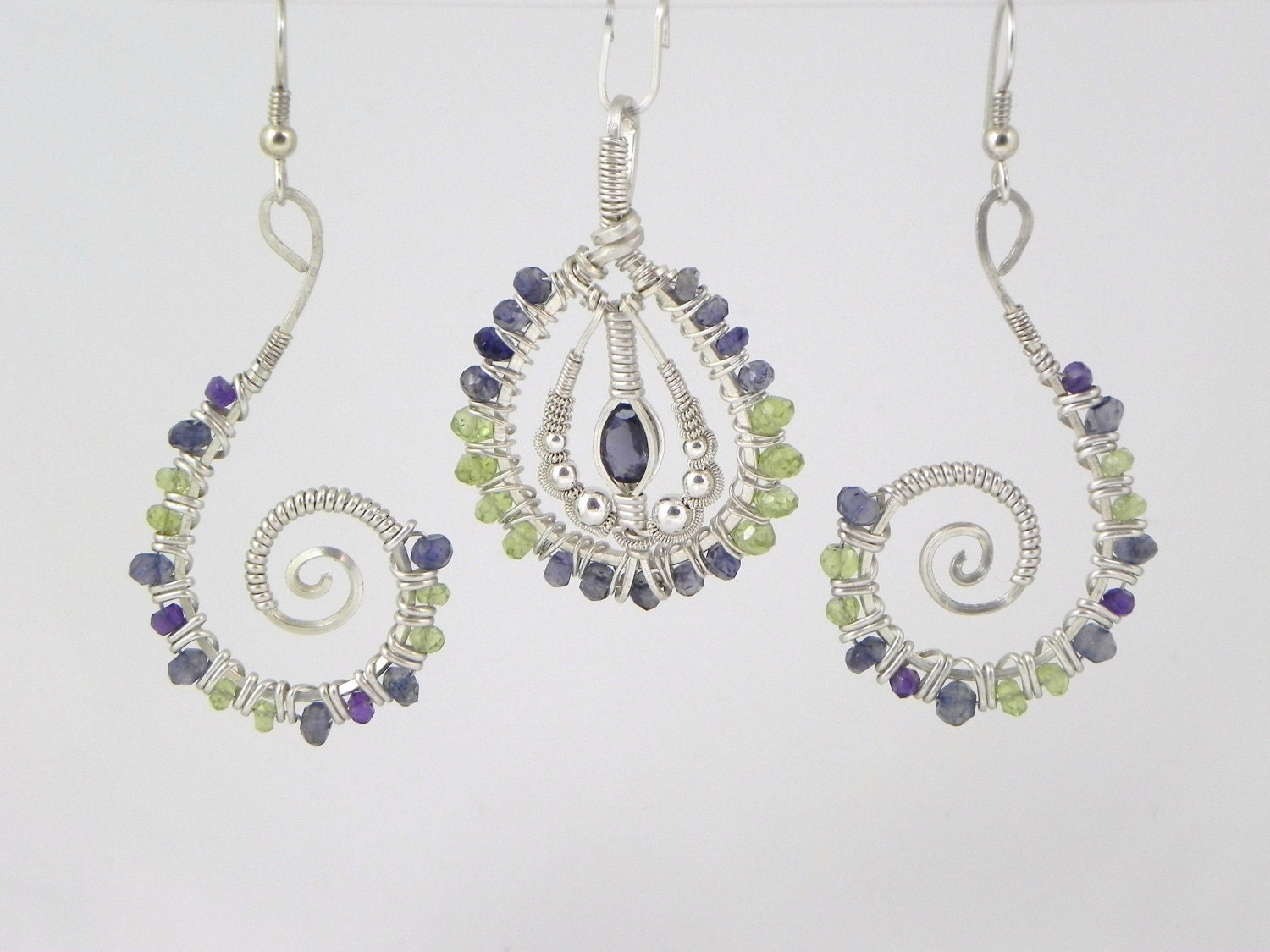 Iolite Argentium Sterling Silver Wire Wrap Pendant and Earring Set