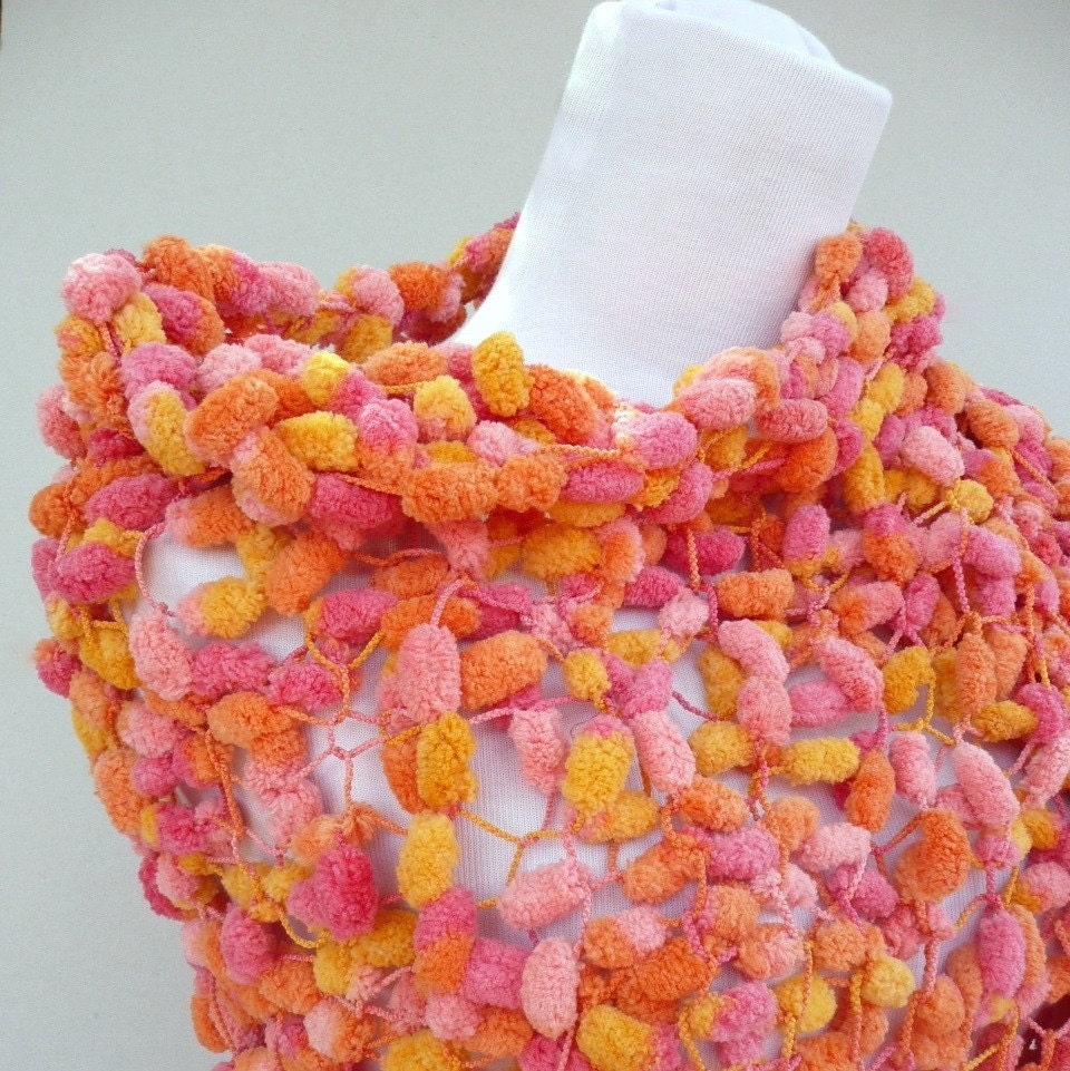 SALE Less 20% Hand knit shawl Wrap in Tangerine Tango, Honey Gold and  Rose Smoke Pink and Pink Flambe  pompoms. 