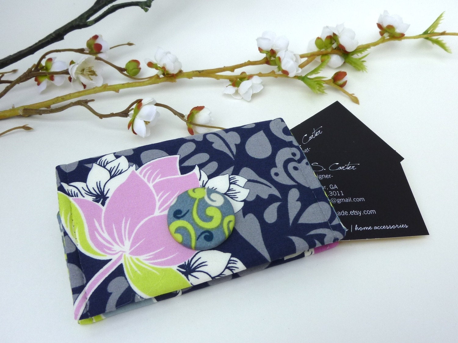 Navy Floral Business Card Holder/ Small Wallet