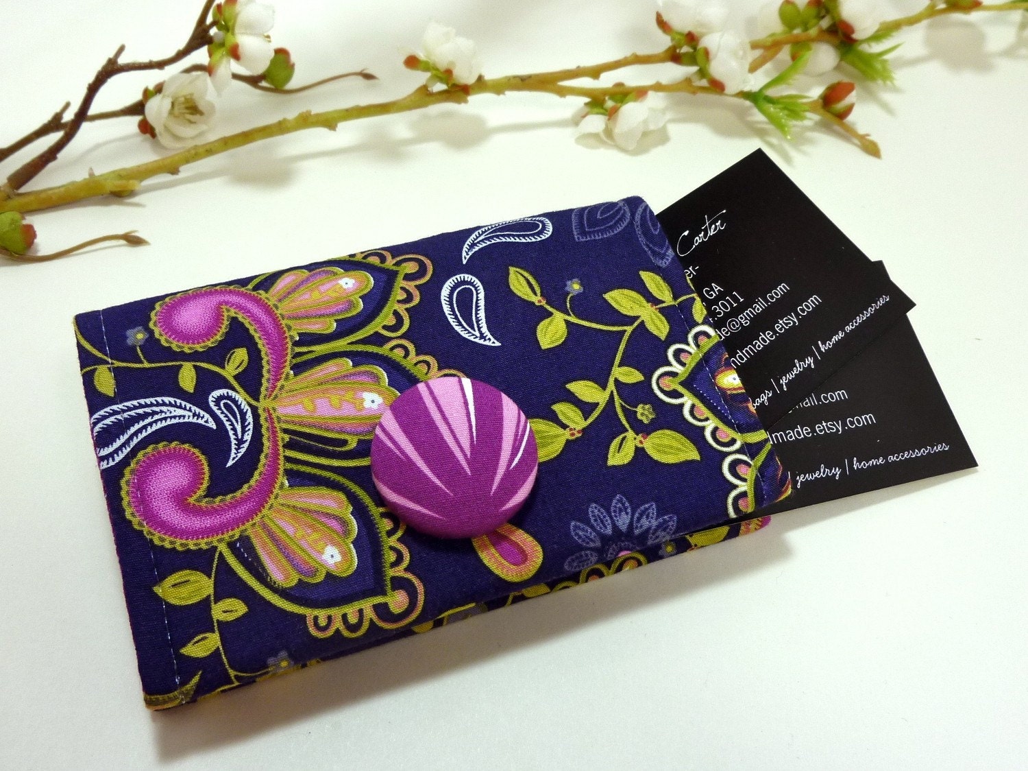 Dark Blue Multi-Floral Business Card Holder/ Small Wallet