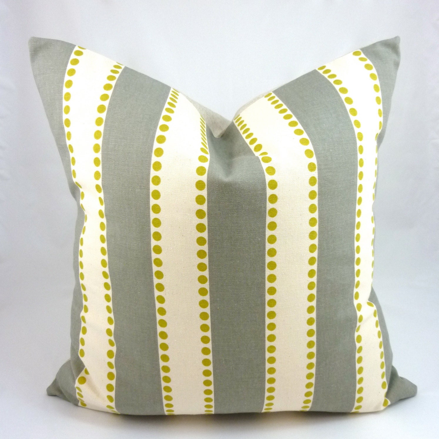 Designer Pillow Cover in Lulu Summerland Stripe - 18x18 or 20x20 inch (Grey Stripe with Citrine Yellow Polka-Dots)