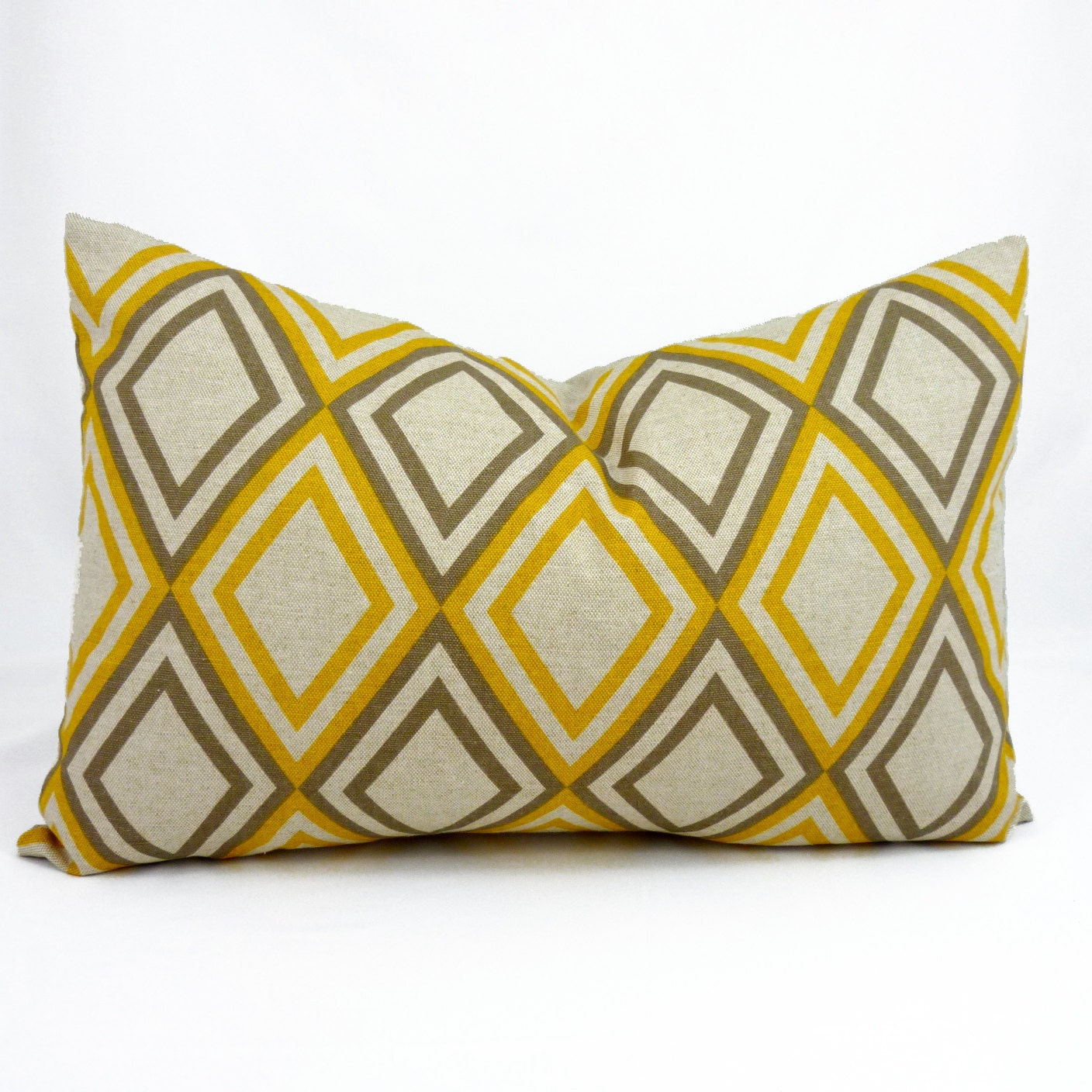 Designer Lumbar Pillow Cover in Annie Yellow/Kelp - 12x18 inch (Mustard Yellow and Grey Diamond on Natural Linen)