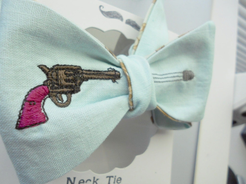 Pistol and Bullet Bowtie in Gray Jade Linen-Freestyle-Adjustable-Reversible-Hand Stiched