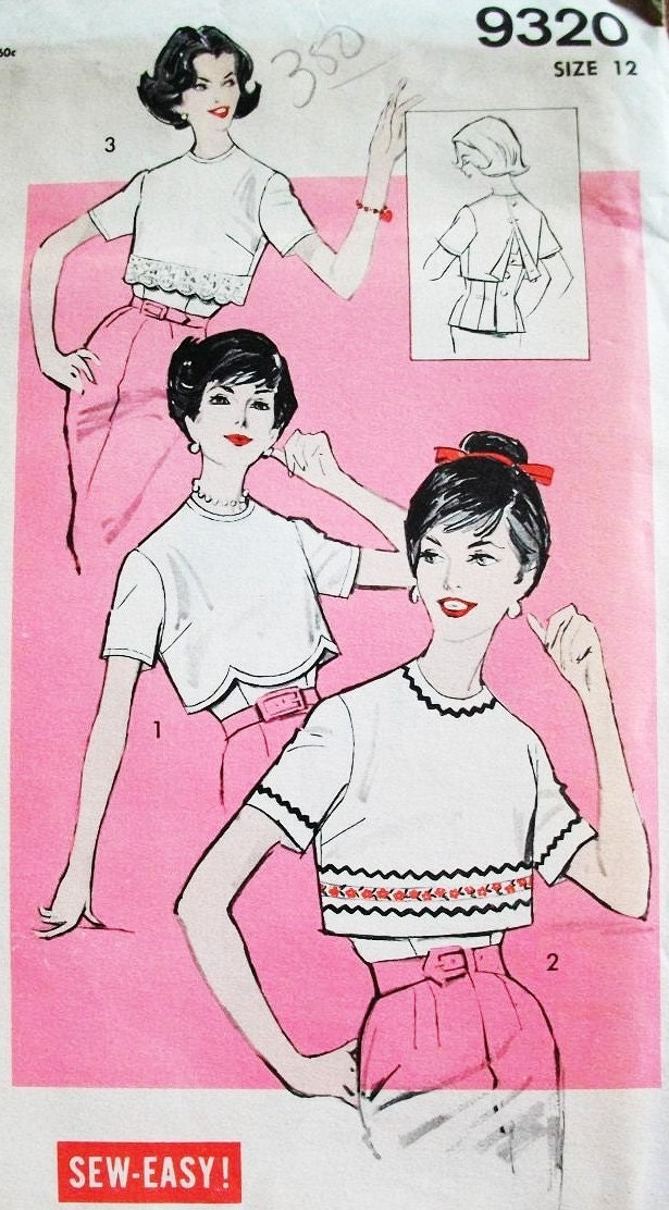 60s Advance 9320 Bust 32 Size 12 Blouse and Underblouse Scallops Back Buttoned Crop Top Easy Uncut