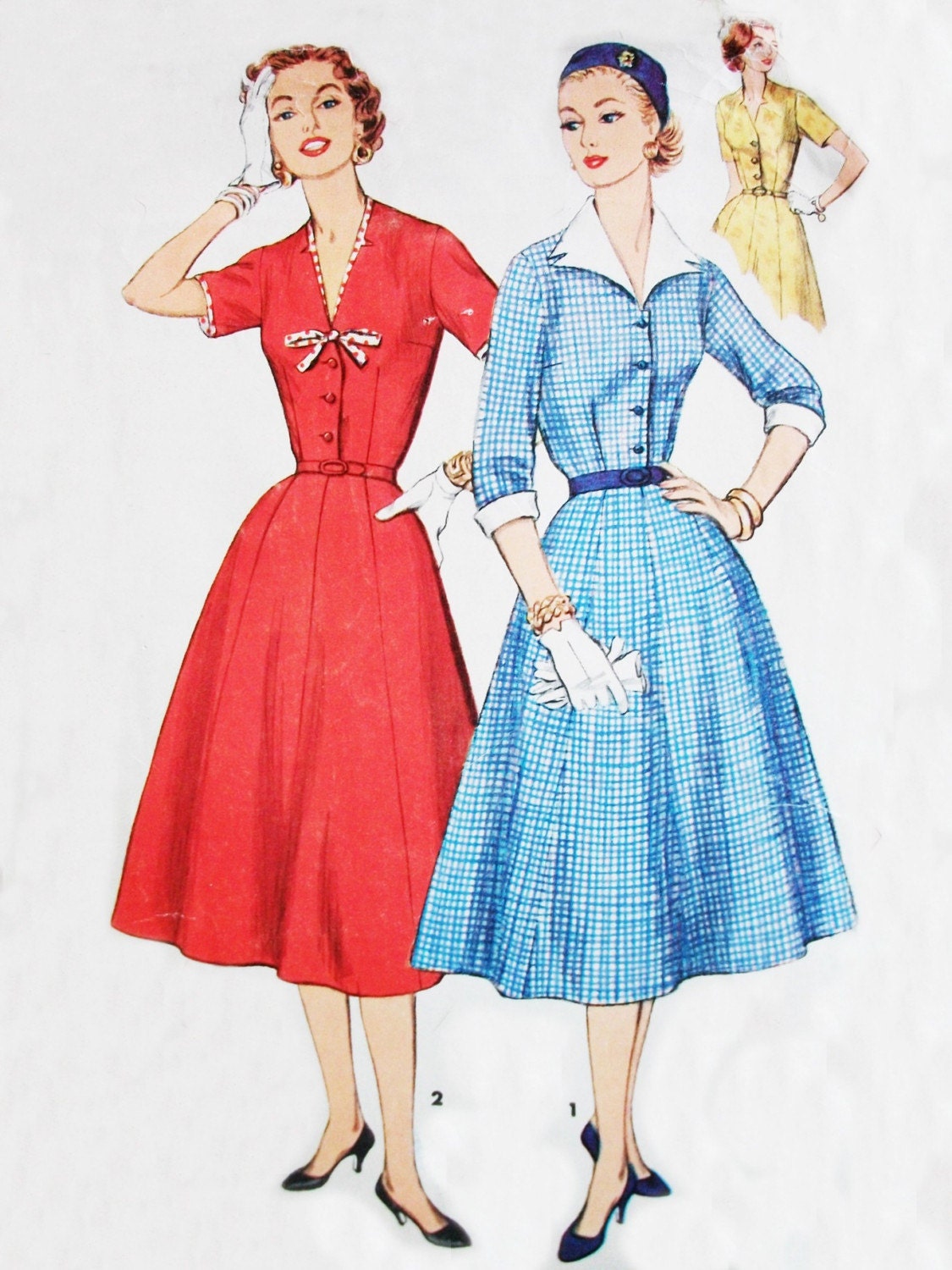 1950s Plus Size Simplicity Pattern 1427 Size 18 and Half Bust 37 V Neck Dress Detachable Collar, Trim and Cuffs PETITE