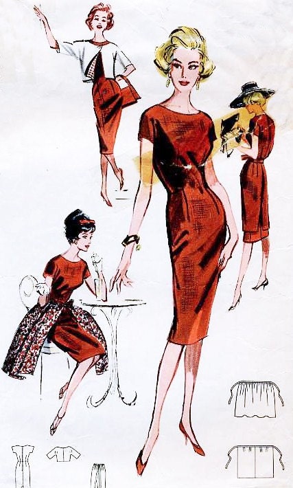 50s Butterick 8995 Bust 34 Size 14 Sheath Accessory Dress Overskirt Reversible Bolero Wrap Tunic Cocktail Day Evening