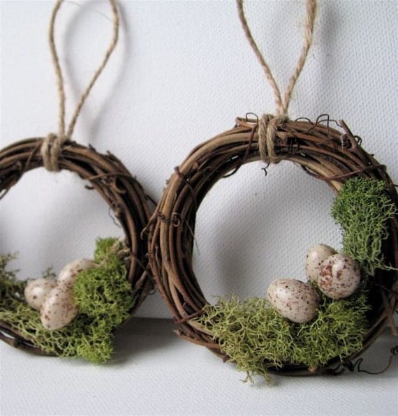 Woodland Mossy Bird Nest Wreath Ornaments, Set of 3