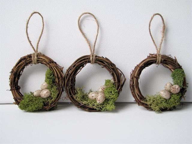 Woodland Mossy Bird Nest Wreath Ornaments, Set of 3
