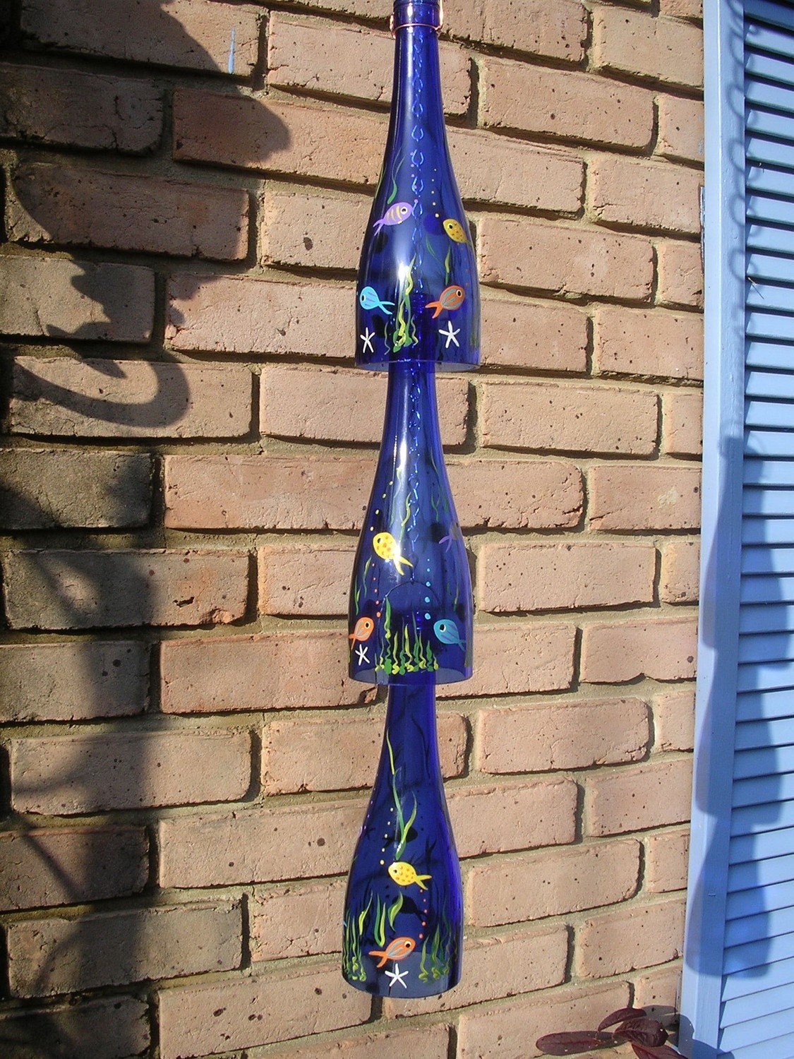 Glass Garden art Aquarium  chime under the sea garden wall hanging bottle tree wine bottle art  handpainted recycled  wine bottle glass