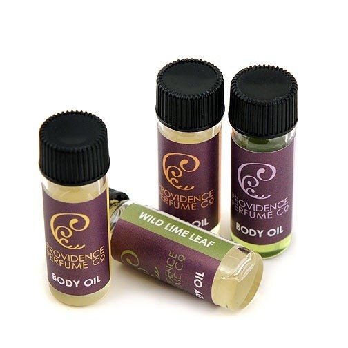 Providence Perfume Co. Bath & Body Oil Sample Set - wild lime leaf, amber cream, orange blossom and lavender vanilla oils