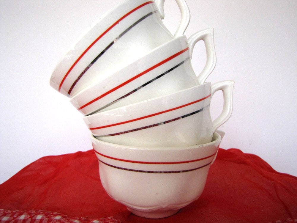 Coffee Cups Mid Century Red Silver Band from AllieEtCie