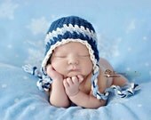 Baby Boy Hat, Newborn Baby Boy Crochet Hat in Blue, Navy and White Earflap, Great for Photo Prop