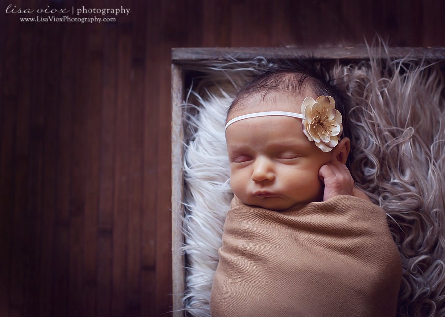 Package- Headband and Newborn Boy or Girl Brown Tan Stretchy Cloth Cocoon Wrap Set, Great for Photo Prop