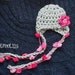 Baby Girl Hat, Newborn Baby Girl Pink and Gray Earflap PomPom Crochet Hat, Great for Photo Prop