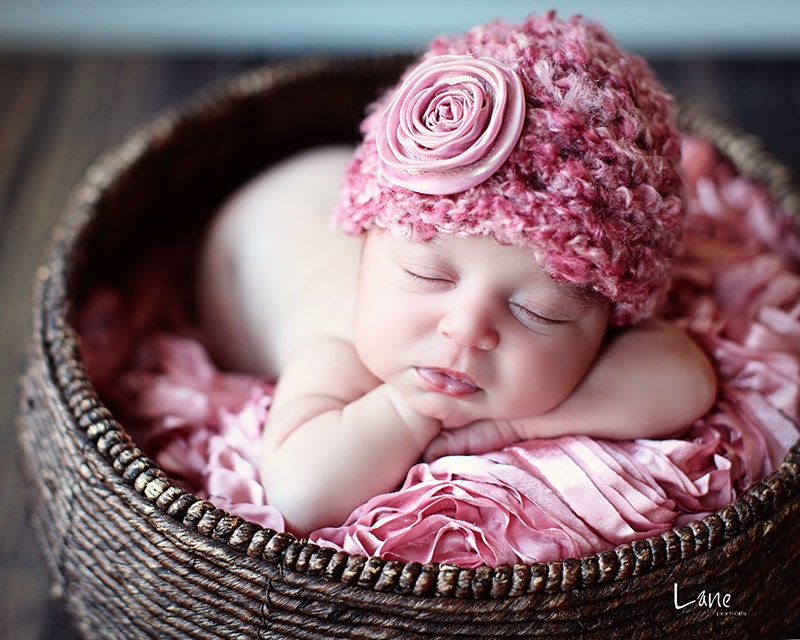 Baby Girl Hat, Newborn Baby Girl  Flower Crochet Hat in Pink, Great for Photo Prop