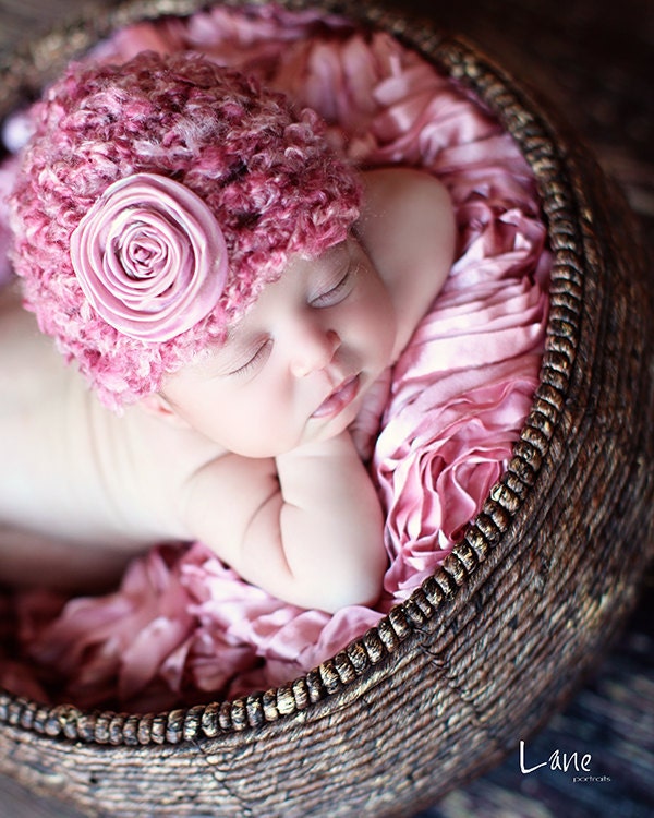 Baby Girl Hat, Newborn Baby Girl  Flower Crochet Hat in Pink, Great for Photo Prop