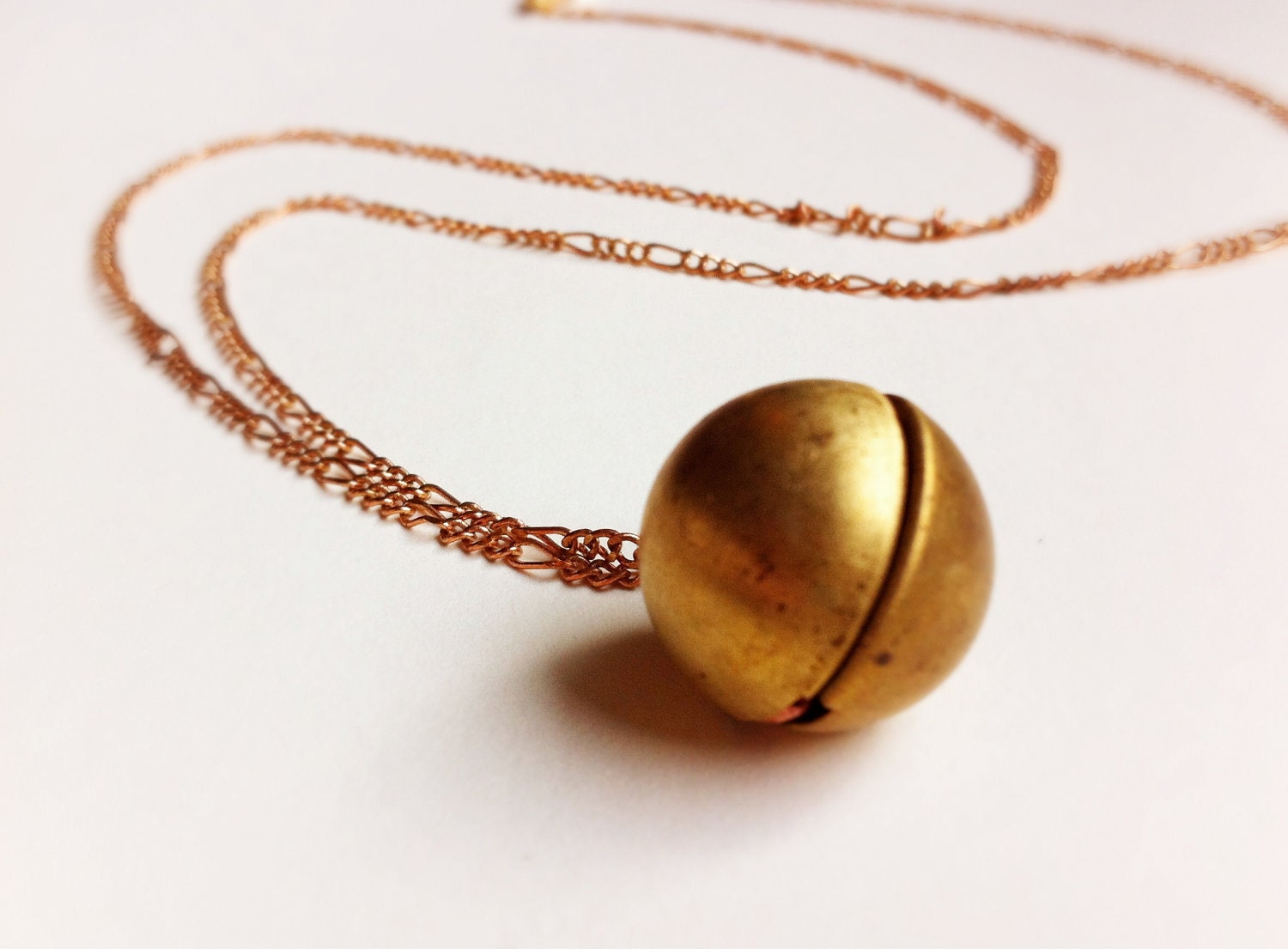 Vintage Brass Ball Locket / Minimalist Gold Pendant on Long Copper Chain