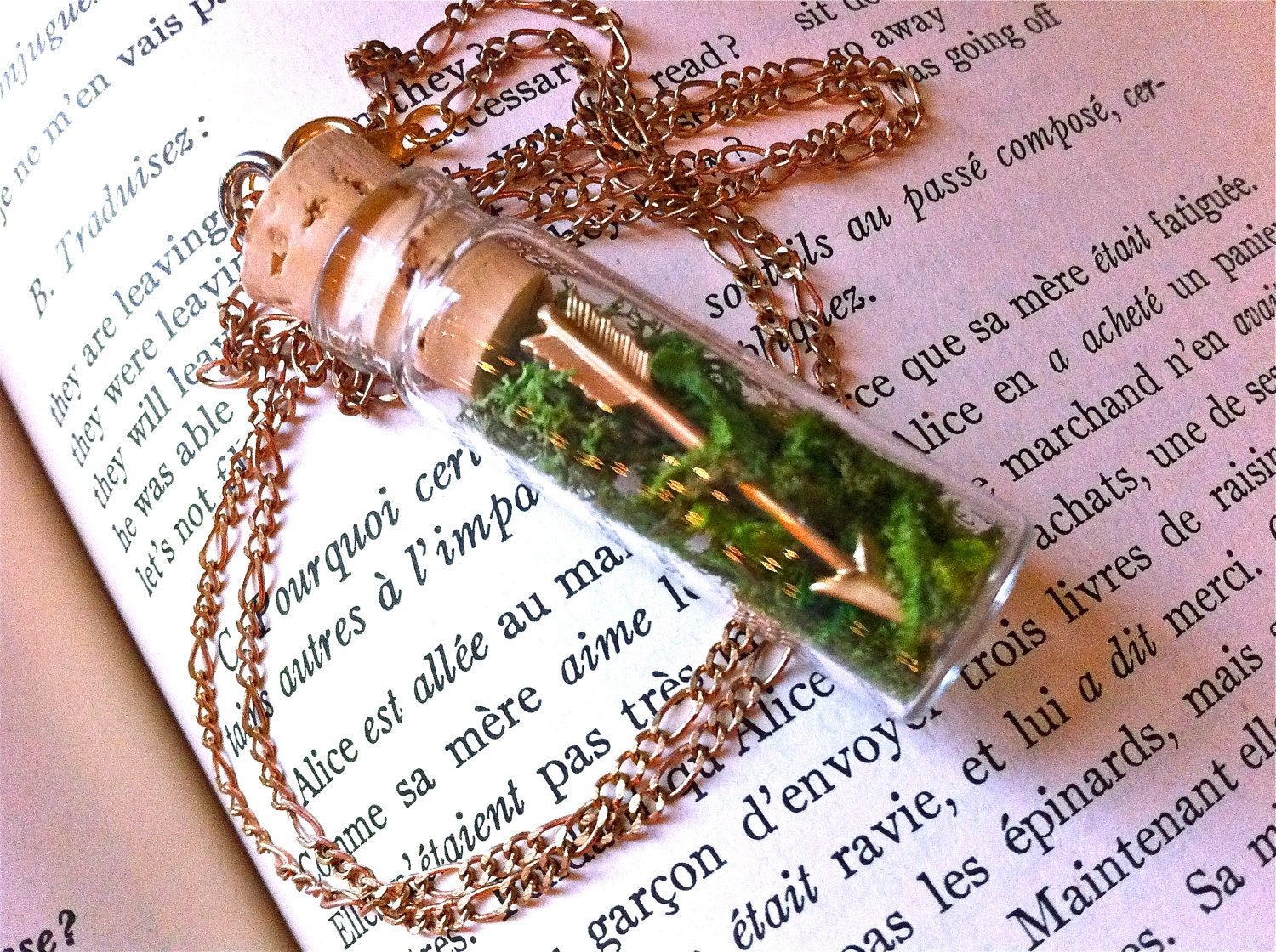 Arrow & Moss Necklace - Hunger Games Inspired Pendant with Glass Vial and Cork