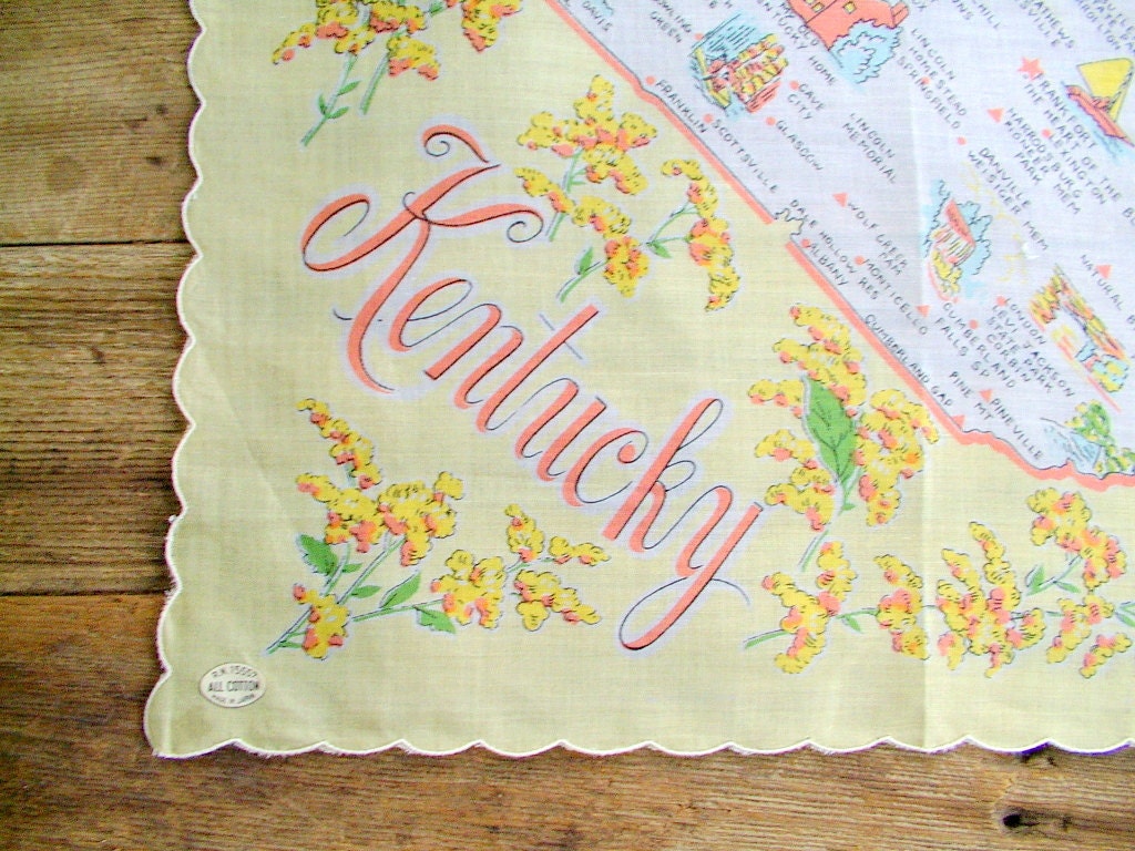 Road Trip vintage 1950s KENTUCKY souvenir hankie MINT with tag