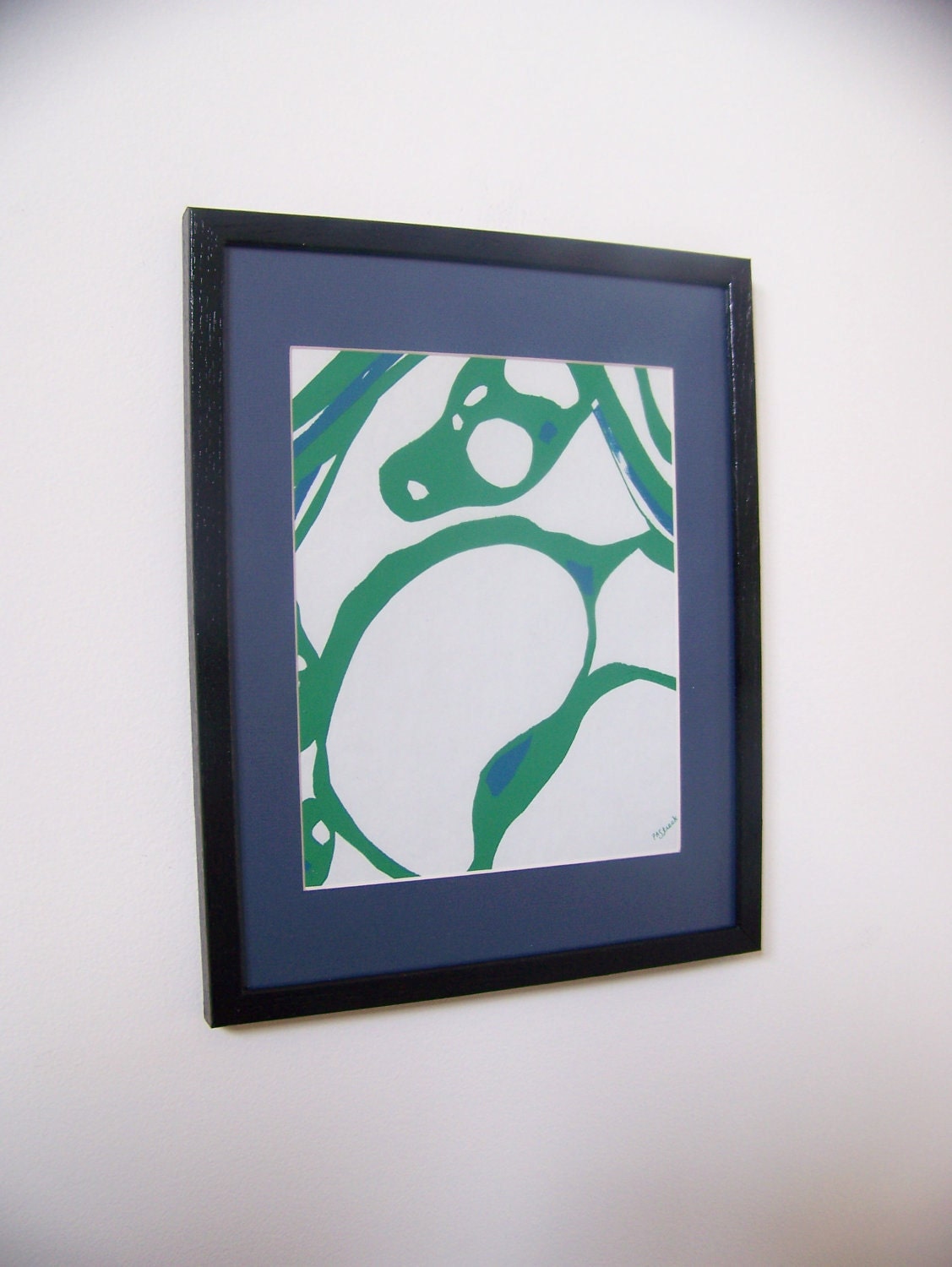Vintage 1966 Original Abstract Screenprint - Cornflower Blue/Kelly Green - "Bubbles Under Glass"-  Signed/Matted/Framed -Free Shipping