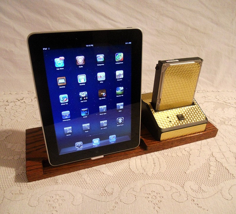 iPad - iPhone - iPod - Dock - Sync and Charging Station plus Hard Drive Bay- Oak - Style V1  Gold  Engine Turned(Yes for the iPad )