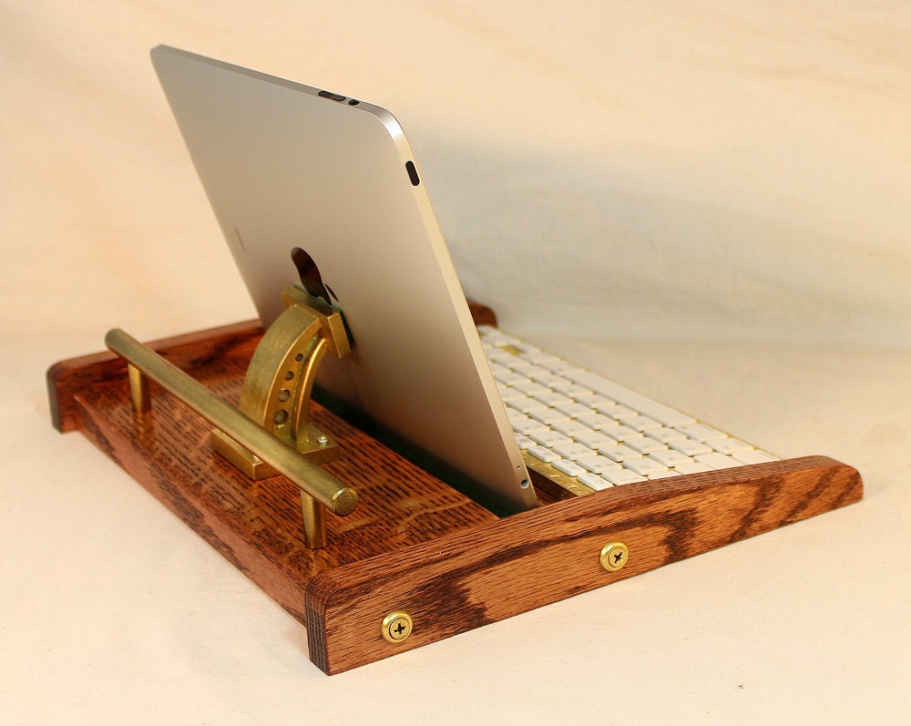 iPad Workstation - Keyboard - Tablet  Dock  - Steampunk V1- Oak -  iPad, IPhone, Tablet Bluetooth Keyboard Computer Desktop Workstation