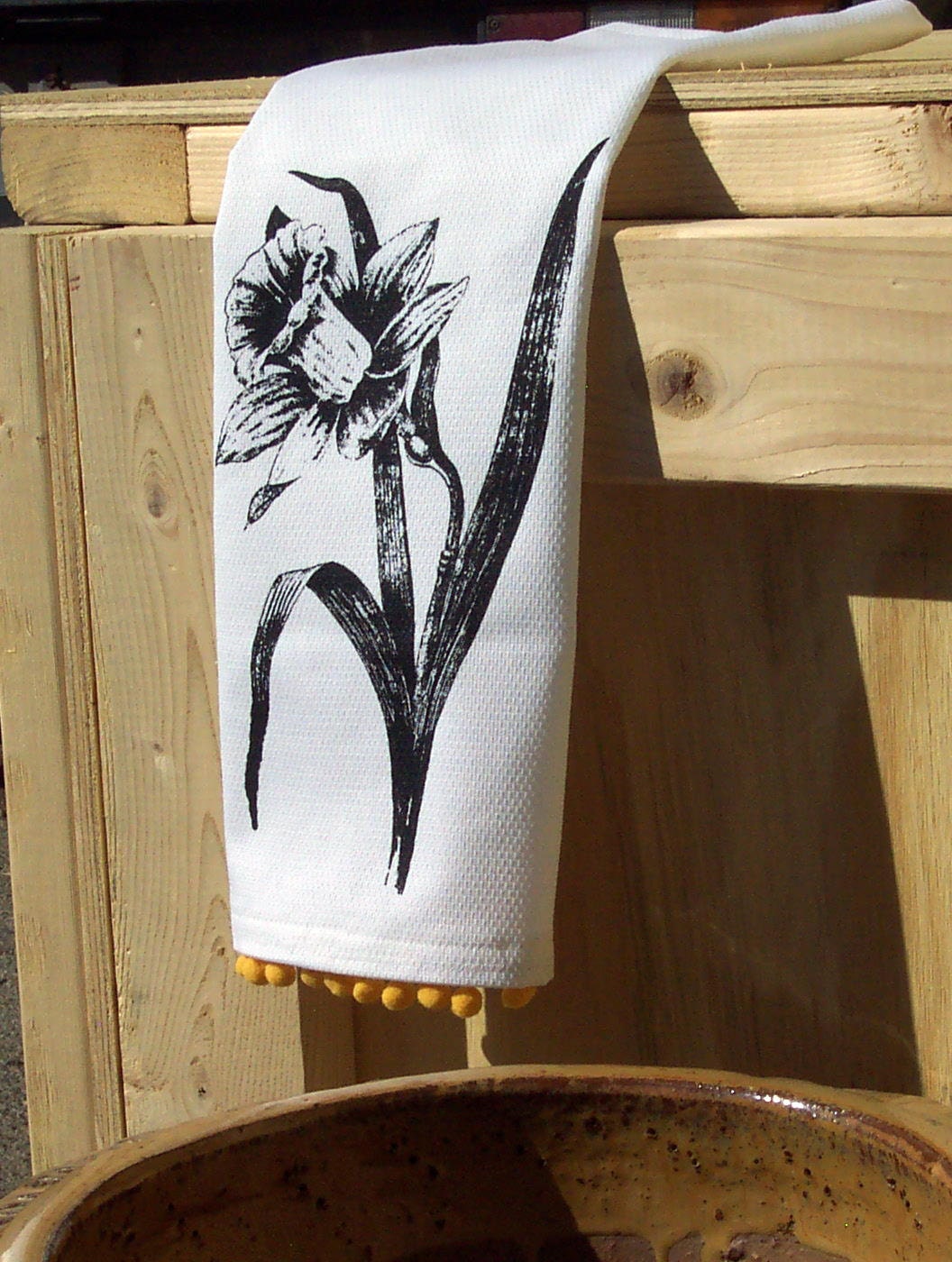 Cotton Huck Tea Towel with Black Daffodil Flower Hand Screen Print