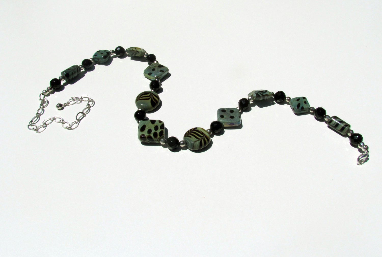 Light Green, Blue, and Black Hand Painted Decorative Designed Beaded Necklace (Joanne)